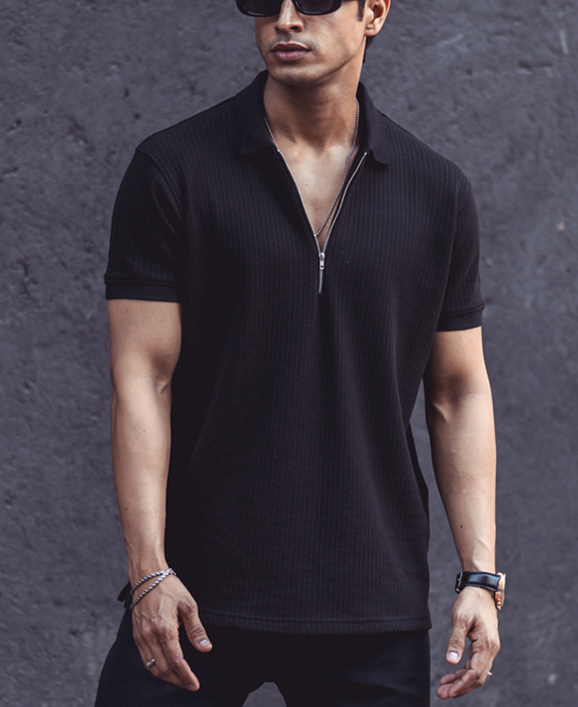 Black Structured Half Sleeves Zipper T Shirt.