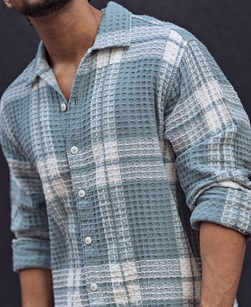 Sky Grey Waffle Checked Regular fit Full Sleeves Shirt.