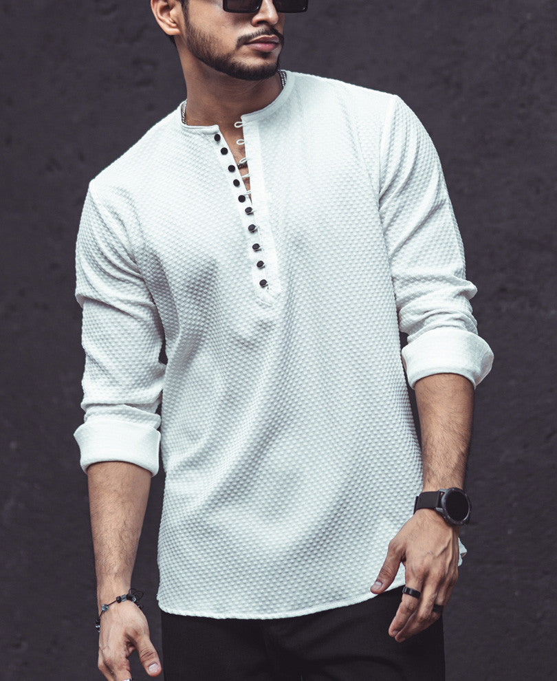 White Textured Kurta Style Shirt.