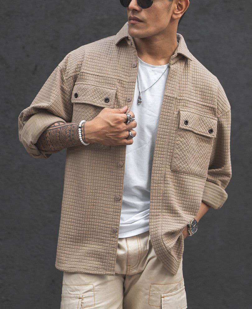 Camel Structured Double Pockets Shacket Oversized Shirt.