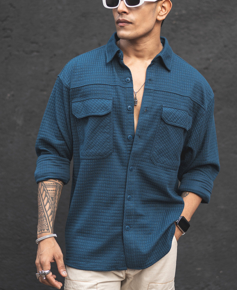 Teal Blue Structured Knit Shacket Oversized Shirt.