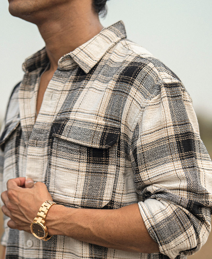 Cream Checked Structured Oversize Drop Shoulder Shirt.