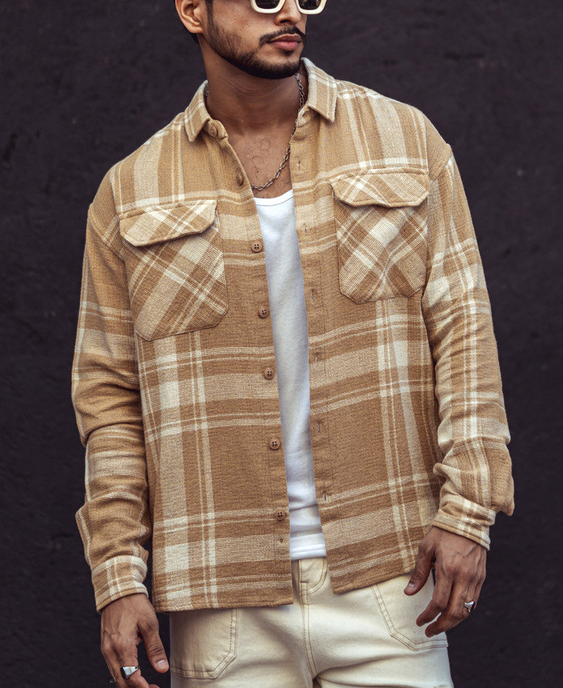 Beige and White Checks Oversize Drop Shoulder Shirt.