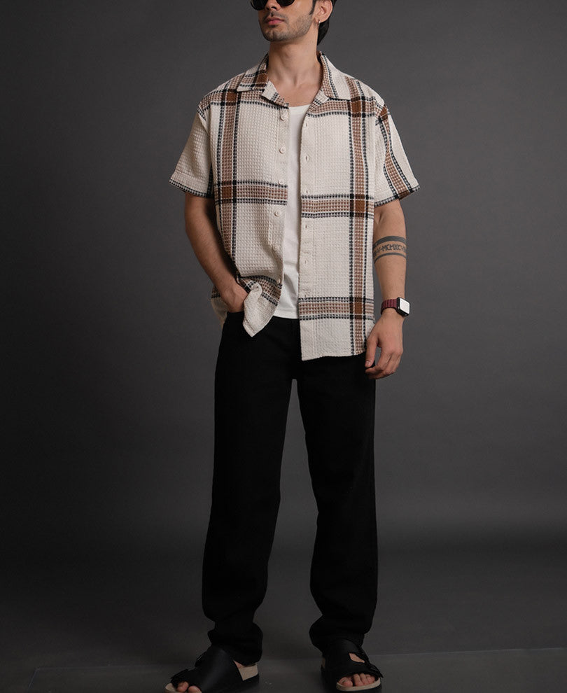Off White and Brown Structured Checks Half Sleeves Shirt.