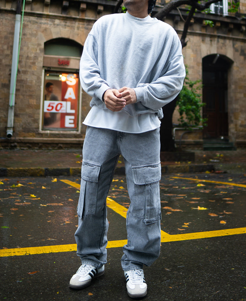 Charcoal Grey Baggy Fit Denim Jeans with Cargo Pockets.