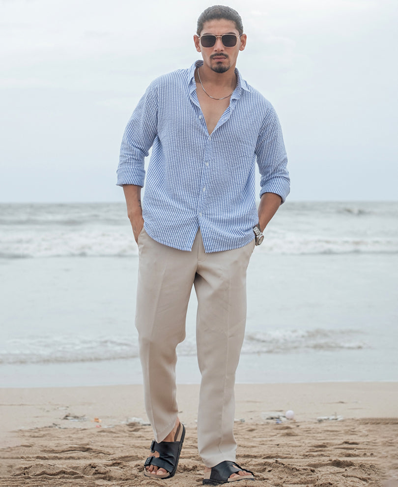 Blue and White Regular fit Striped Full Sleeves Shirt.