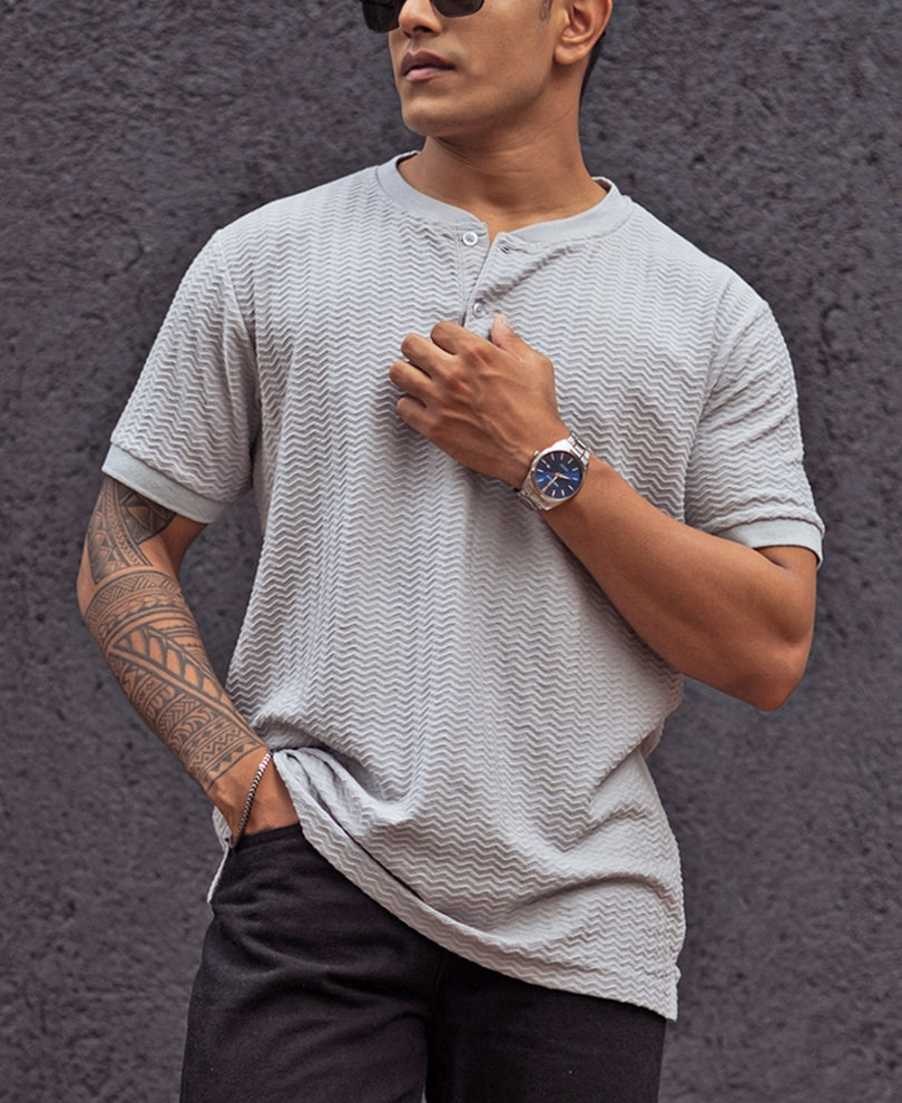 Grey Structured Regular Fit Half Sleeves T Shirt.