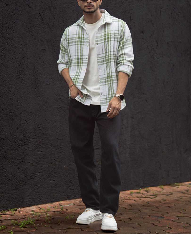 Light Green Waffle Checks Regular Fit Full Sleeves Shirt.