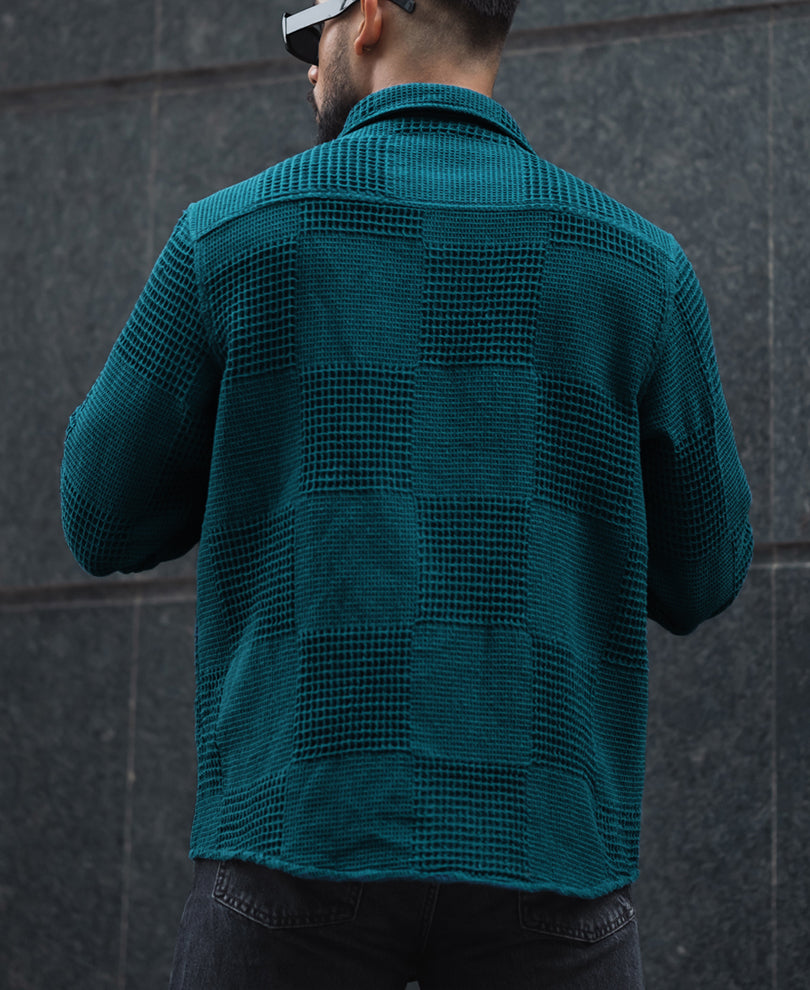 Teal Blue Waffle Structure Regular Fit Full Sleeves Shirt.