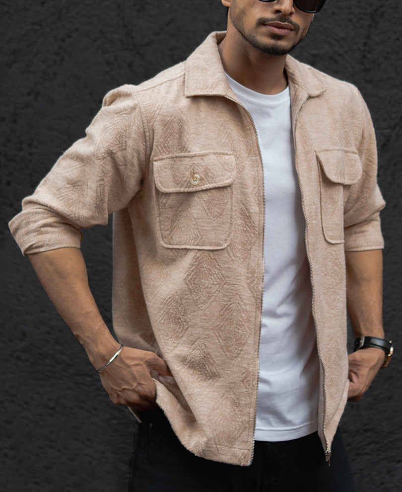 Dark Fawn Regular Fit Full Sleeves Shirt With Zip.