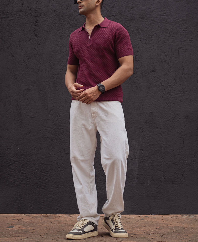 Wine Knitted Regular Fit Half Sleeves T-Shirt.