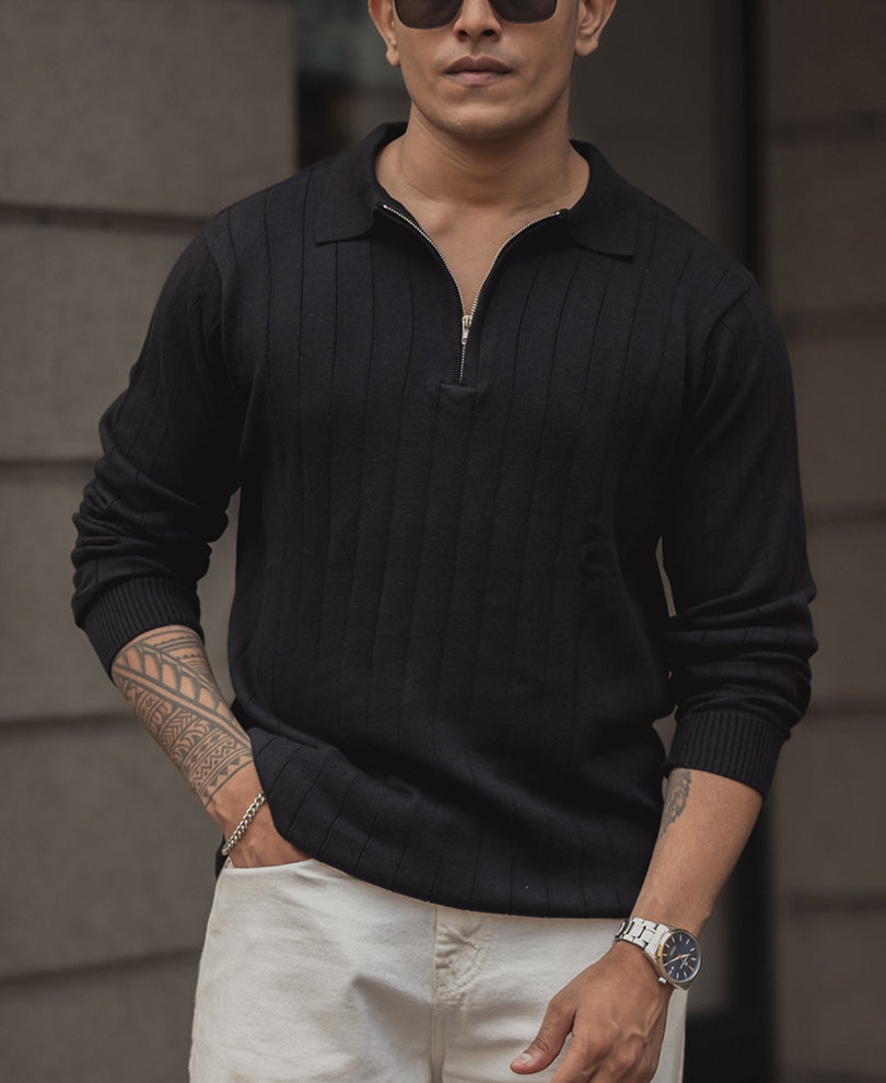 Black Knitted Regular Fit Full Sleeves T Shirt.