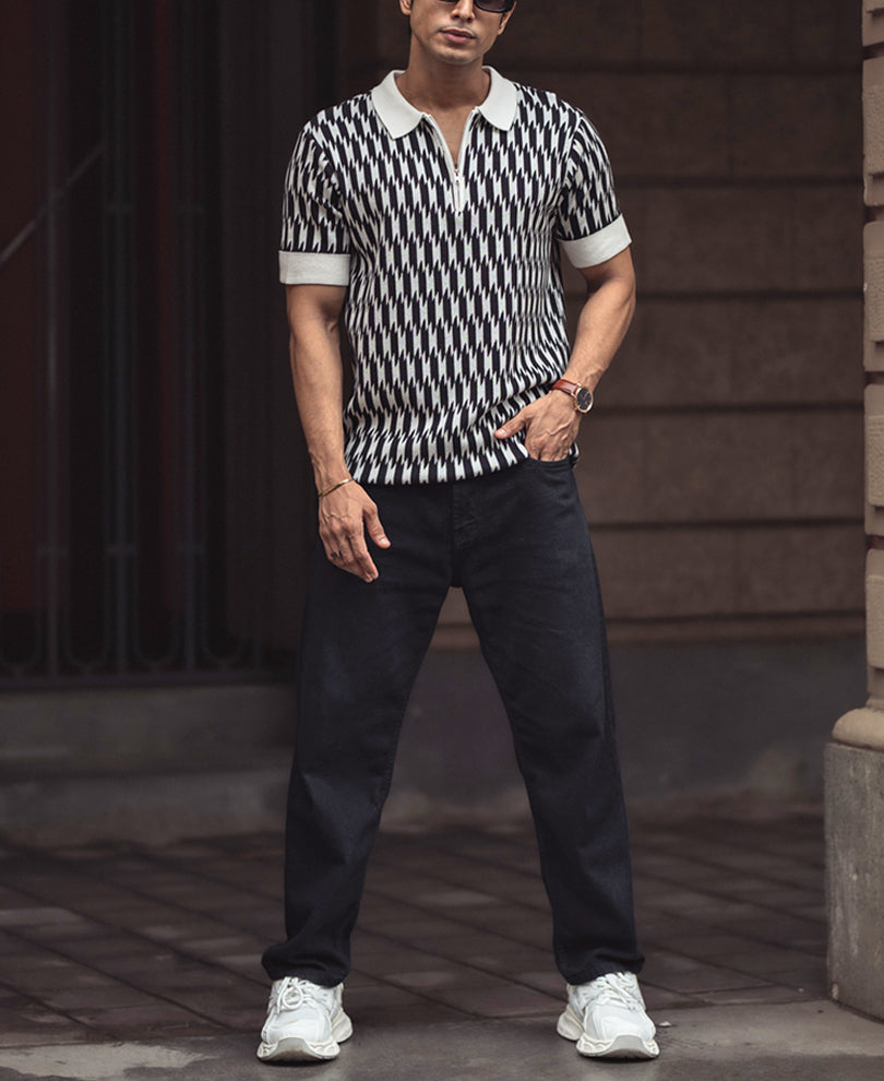 White and Black Knitted Regular Fit Half Sleeves Zipper T Shirt.