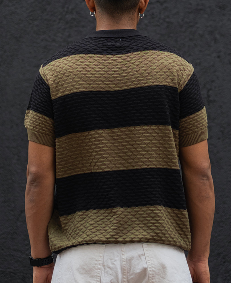 Olive Green and Black Structured Striped Regular Half Sleeves T Shirt.