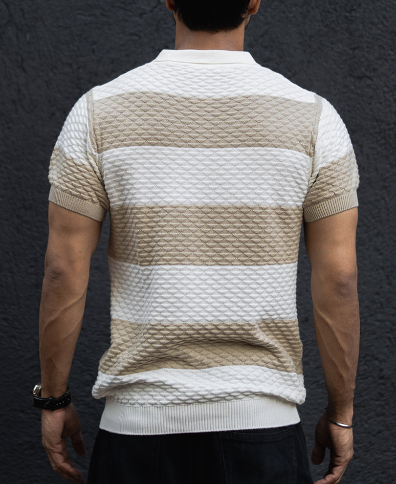 Off White Structured Striped Regular Half Sleeves T Shirt.