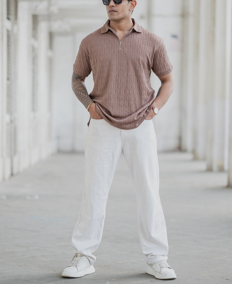 Dusty Brown Textured Polo T-Shirt.