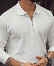 White Waffle Design Regular Fit Full Sleeve T-Shirt with Zipper.