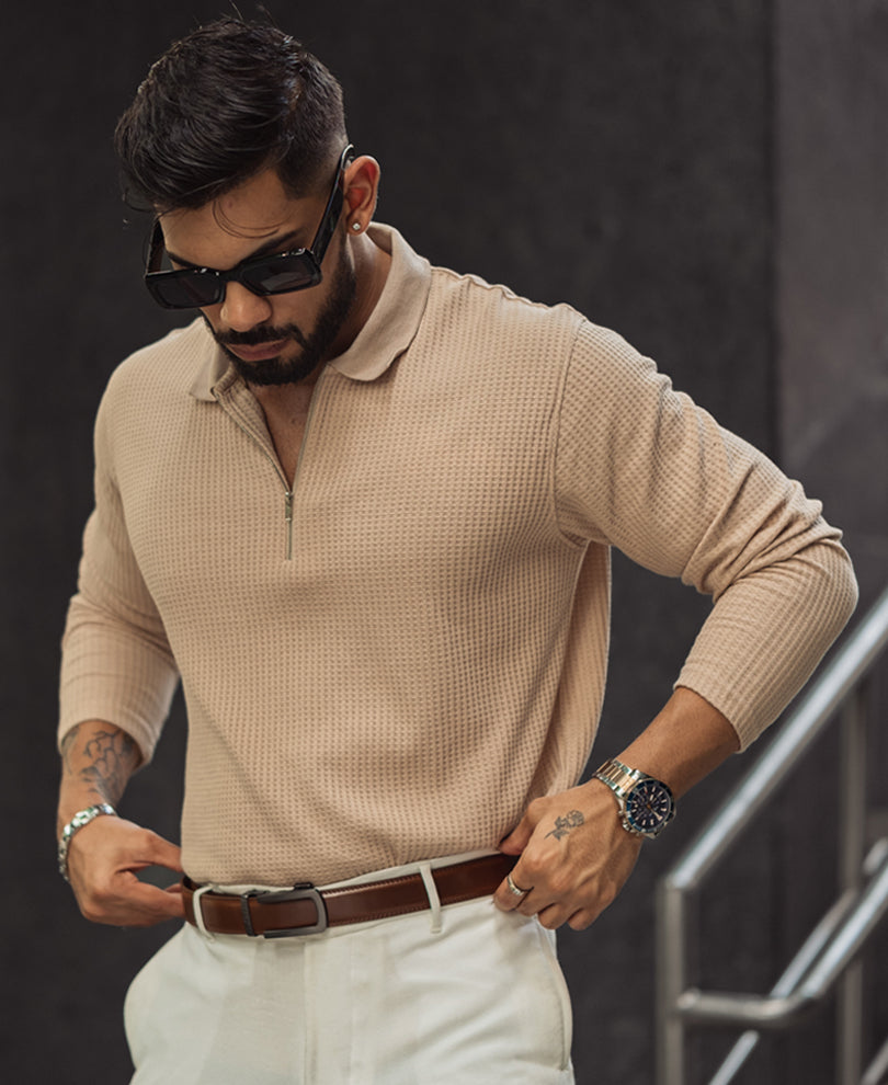 Light Fawn Waffle Design Regular Fit Full Sleeve T Shirt with Zipper.