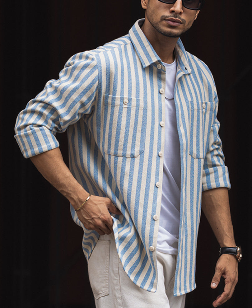 Blue And White Stripes Regular Fit Full Sleeves Shirt.