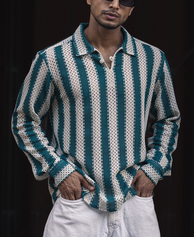 Sea Green and Off White Crochet Striped Regular Fit Full Sleeve Shirt.