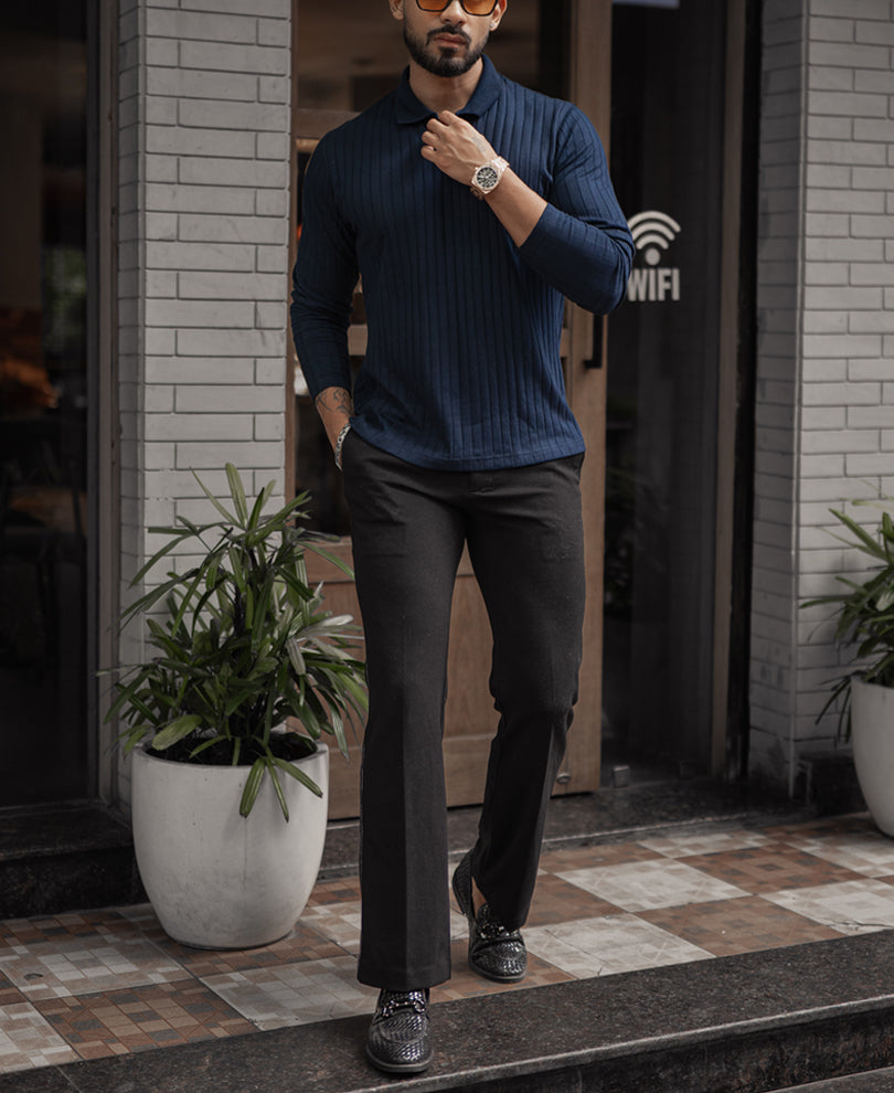 Navy Blue Regular Fit Full Sleeves T-Shirt.