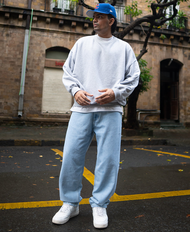 Ice Blue Basic Baggy Fit Denim Jeans.