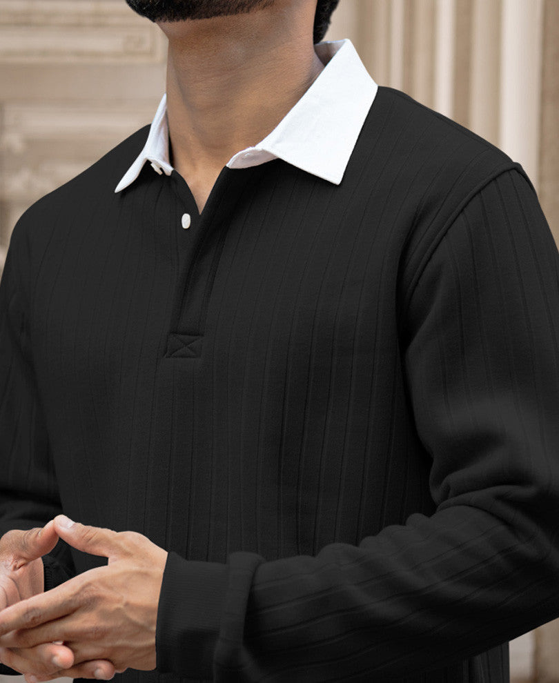 Black Regular Fit Full Sleeves Collar T-Shirt.