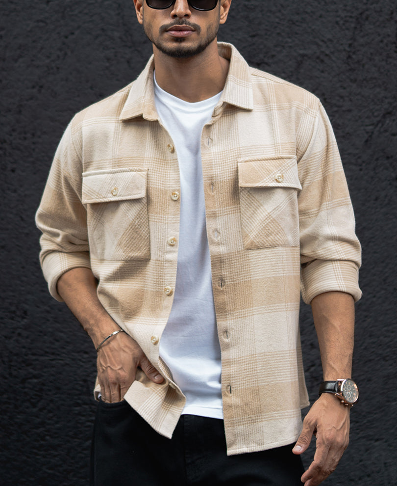 Light Beige Structured Regular Fit Full Sleeves Shirt.