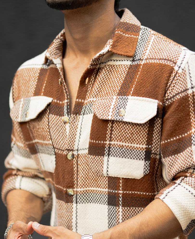 Brown And Off-White Checked Regular Fit Full Sleeves Shirt.