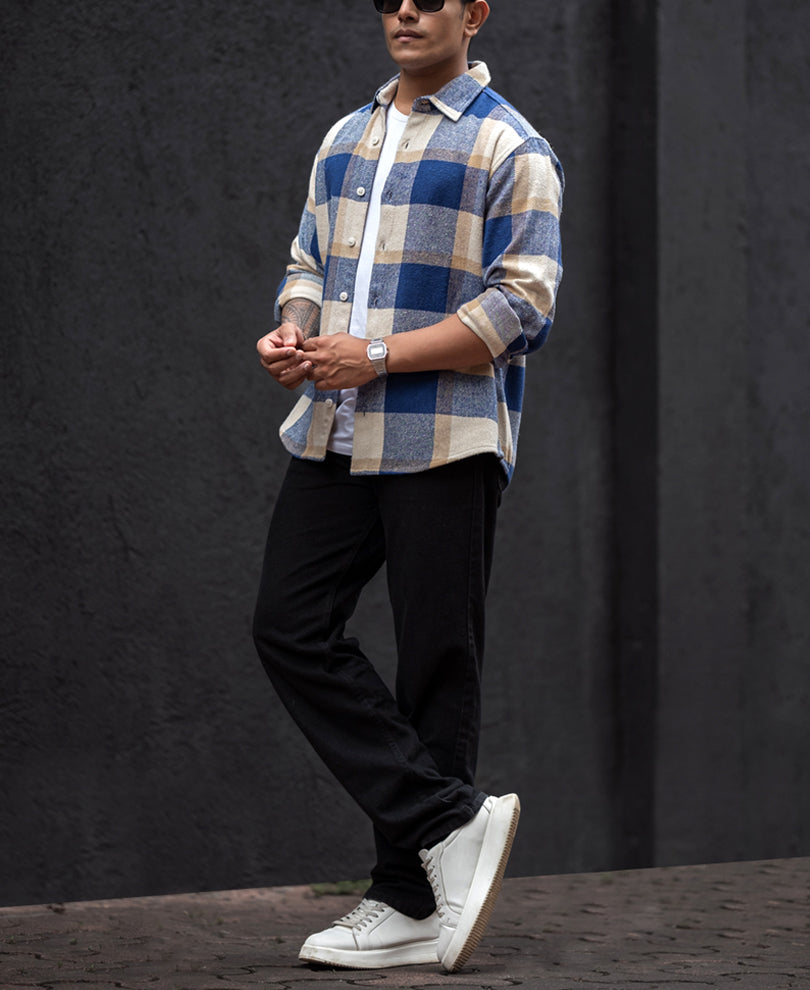 Blue And Off White Checked Regular Fit Full Sleeves Shirt.