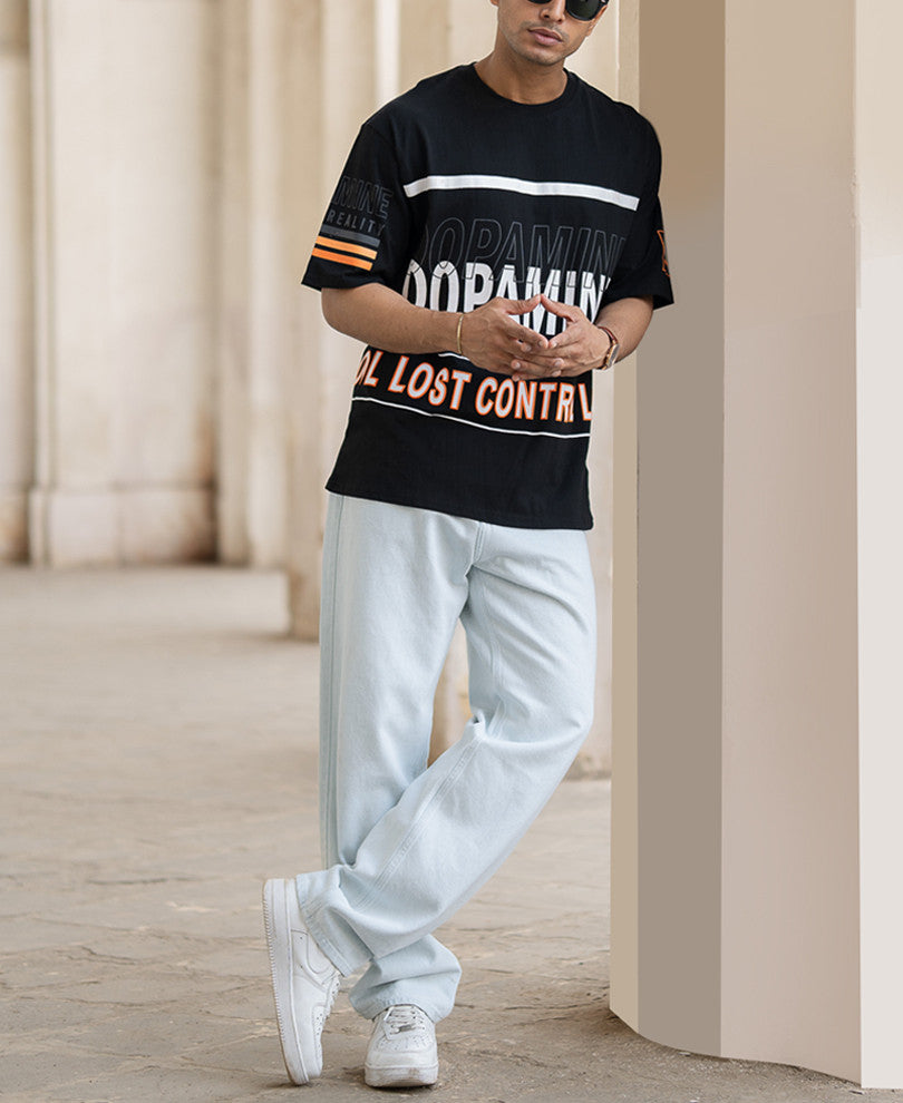 Black Oversized Half Sleeves Printed T-Shirt.