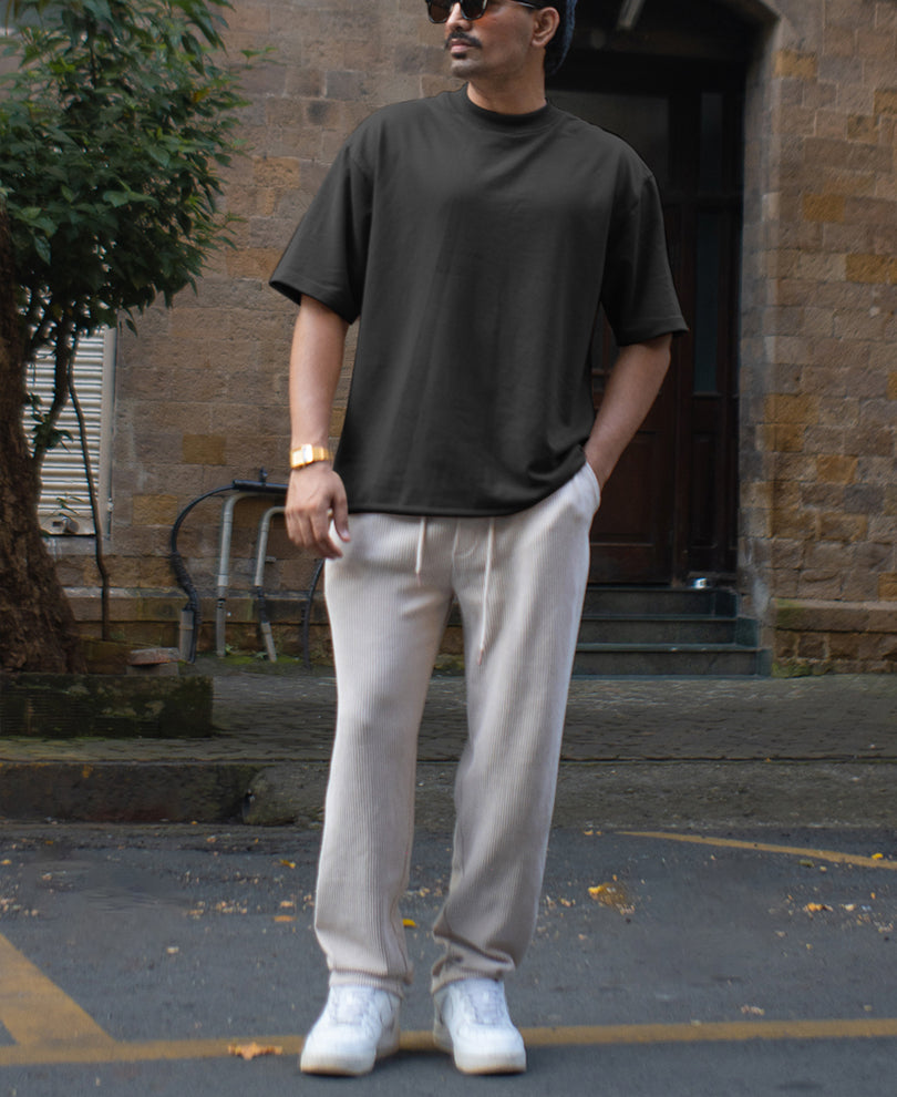 Light Beige Corduroy Regular Fit Track Pant.