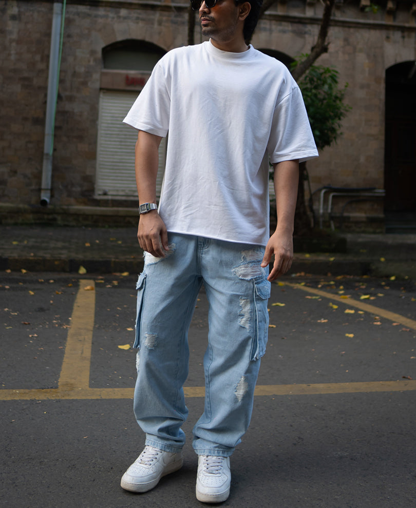 Ice Blue Baggy Fit Distressed Cargo Jeans