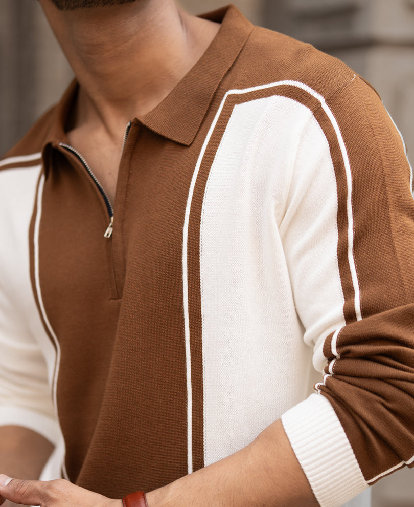 Brown-White Colour Blocked Polo T-Shirt.