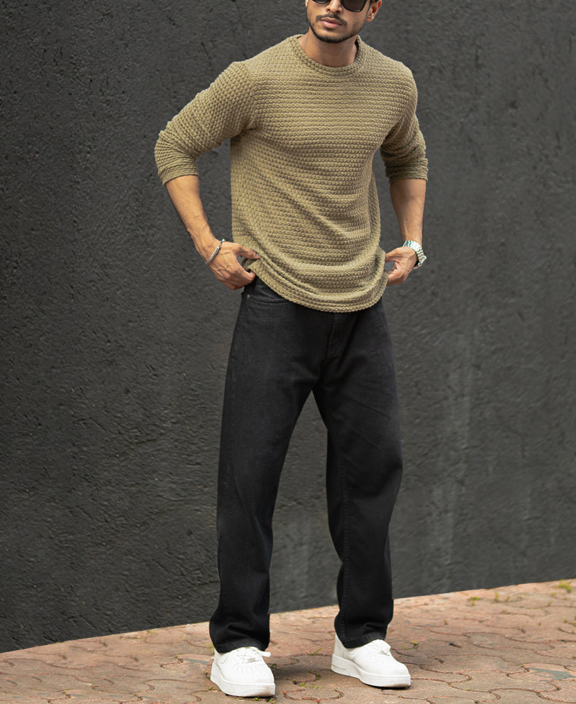 Olive Structured Regular Fit Full Sleeves T-Shirt.