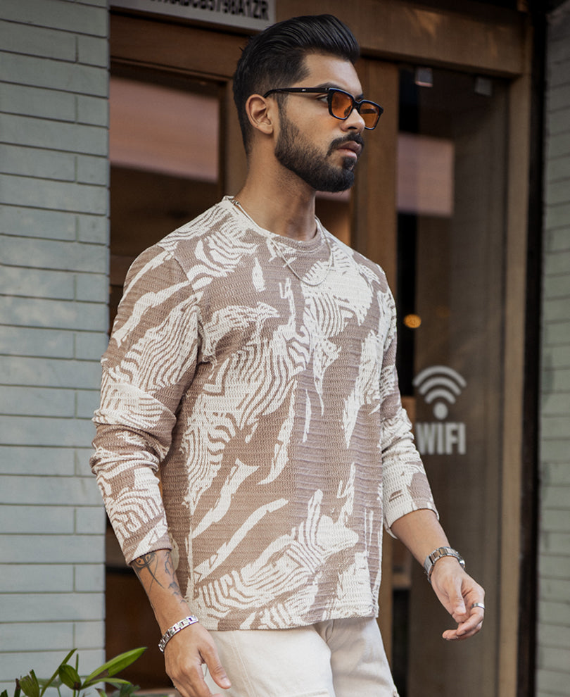 Off-White And Brown Regular Fit Printed Full Sleeves T-Shirt.