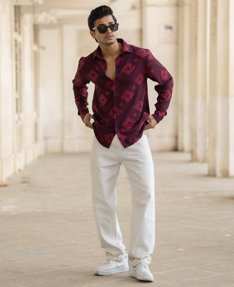 Wine Geometric Jacquard Shirt.
