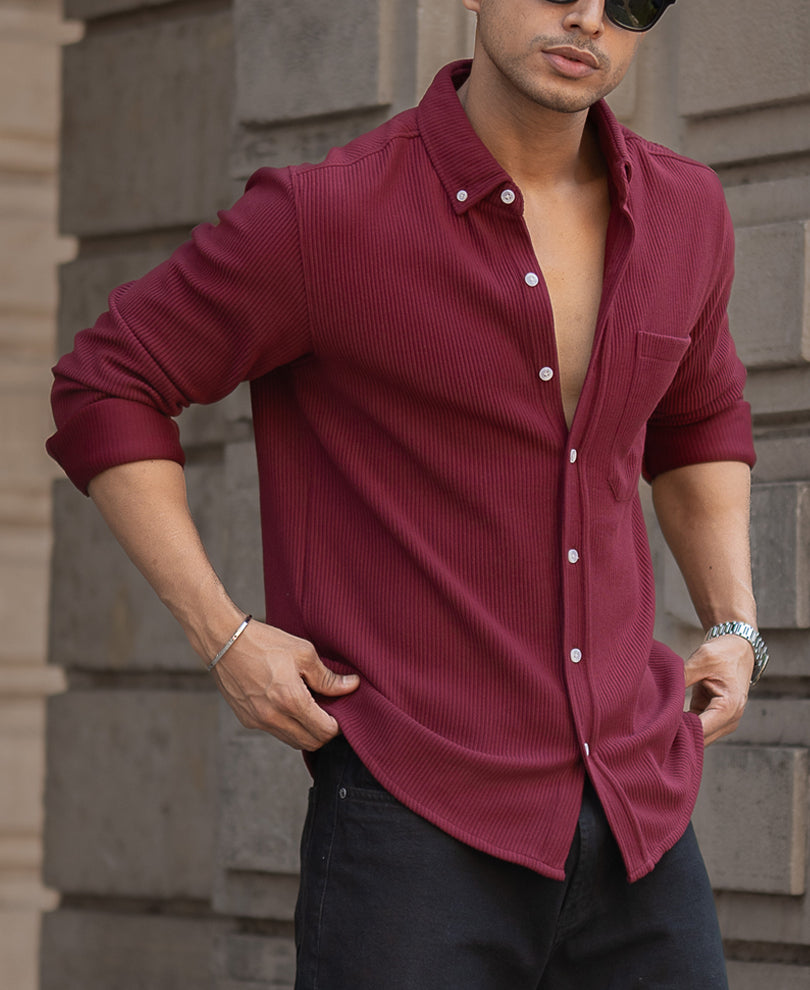 Maroon Corduroy Regular Full Sleeves Shirt.