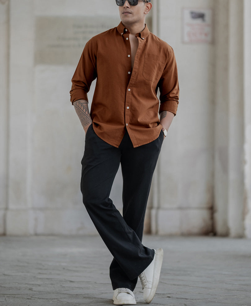 Tan Oxford Shirt.