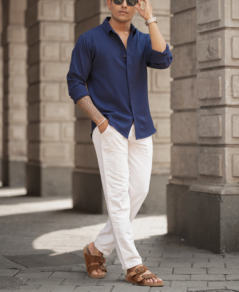 Navy Blue Structured Regular Fit Shirt.