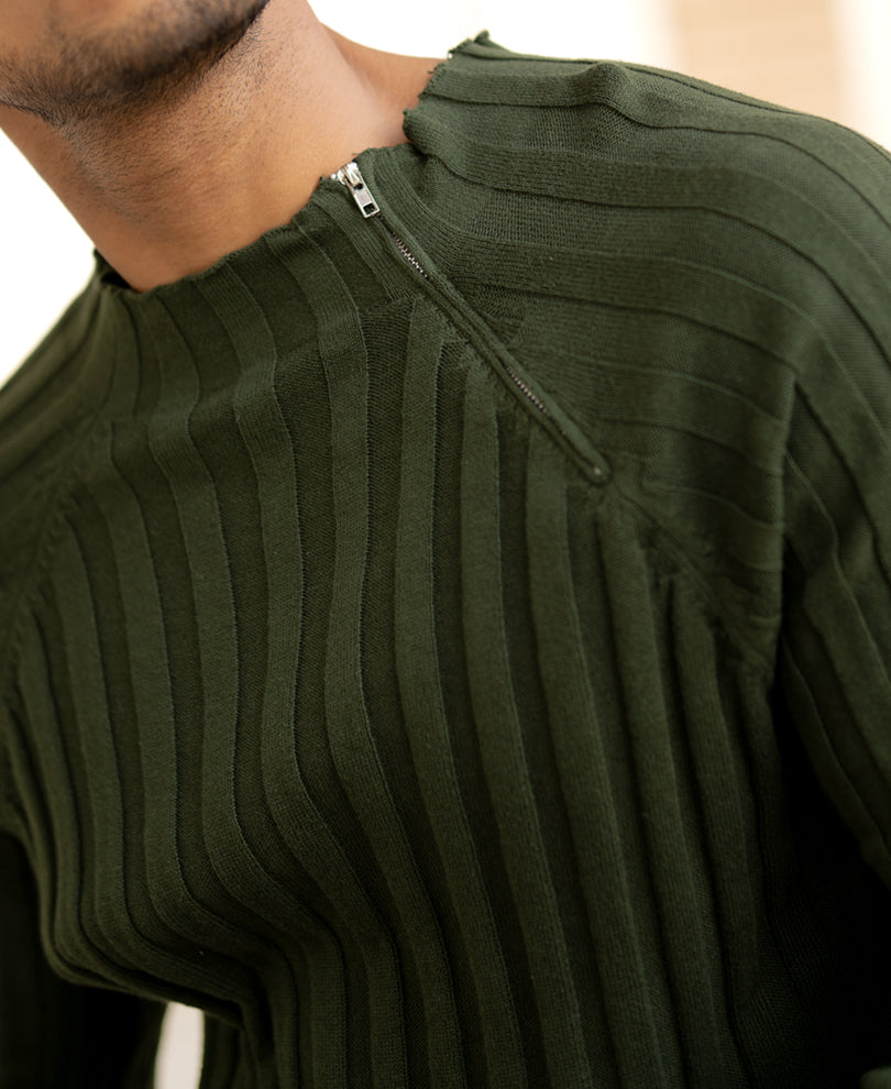 Olive High Neck Ribbed T-Shirt.