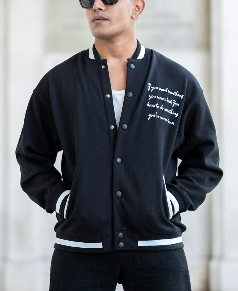 Black Embroidered Varsity Jacket.