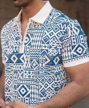 Blue Geometric Print Polo T-Shirt.