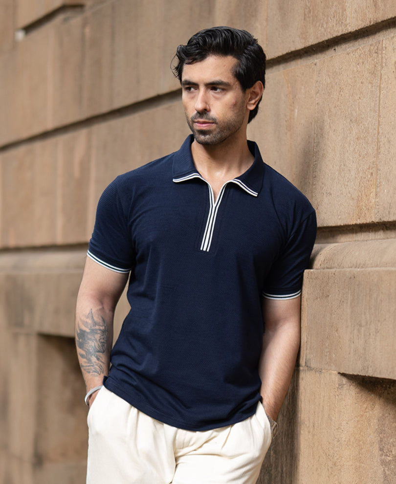 Navy Structured Knit Polo T-Shirt
