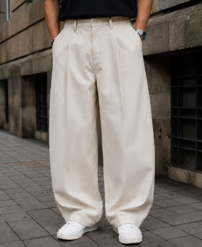 Beige Pleated Barrel Fit Trousers