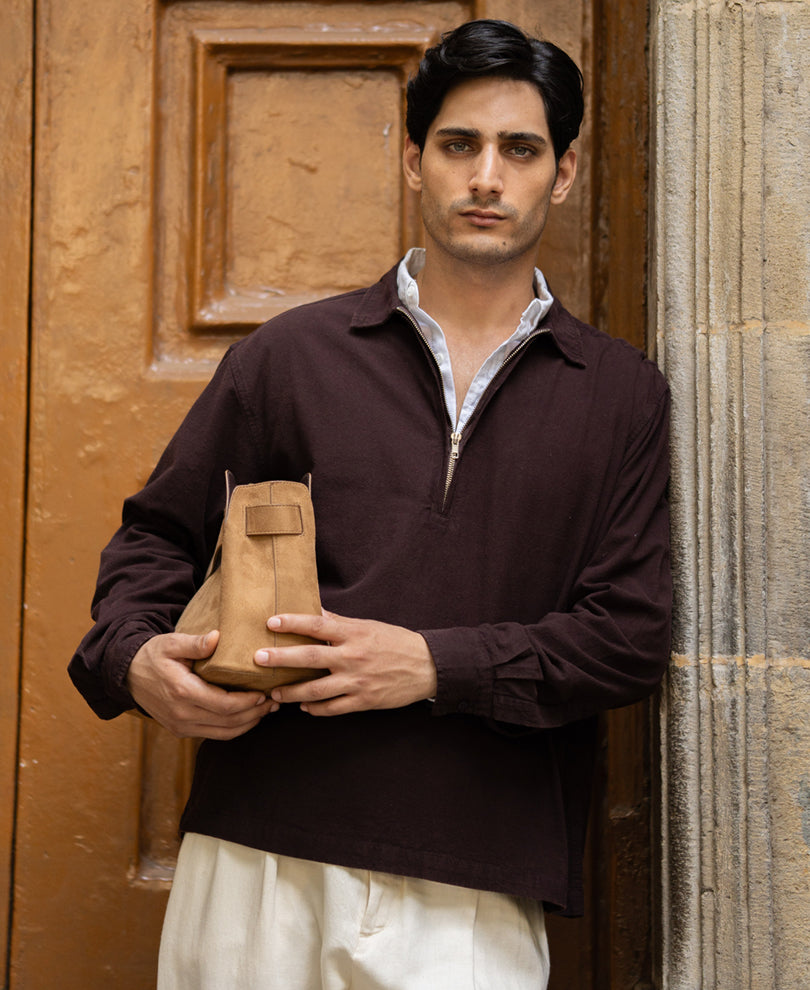 Dark Brown Washed Zipper Shirt 100% Cotton