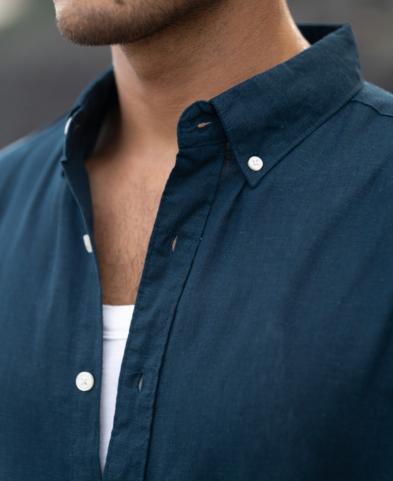 Dark Teal Linen Blend Shirt.