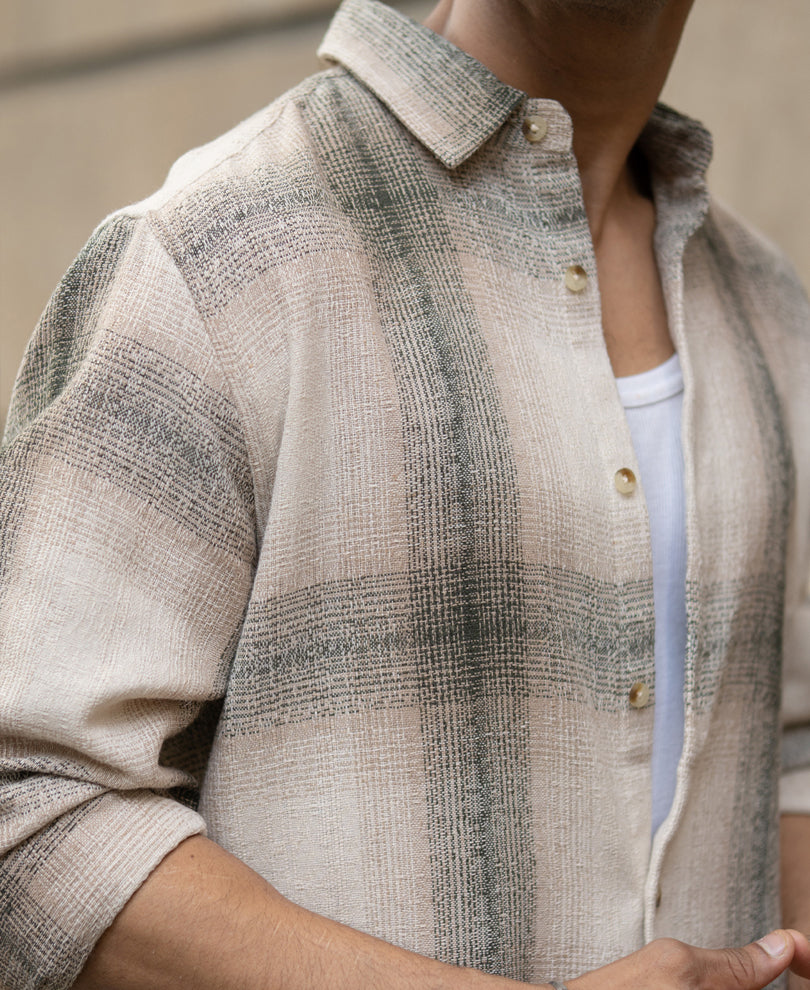 Beige Structured Checked Shirt.