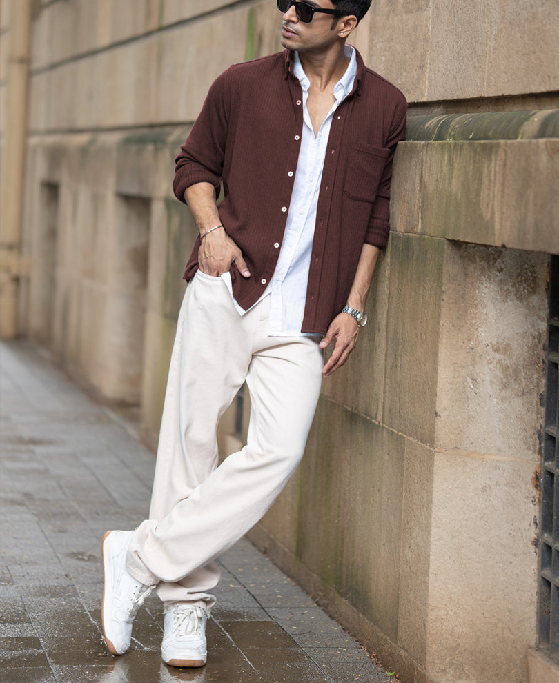 Coffee Structured Knit Shirt.