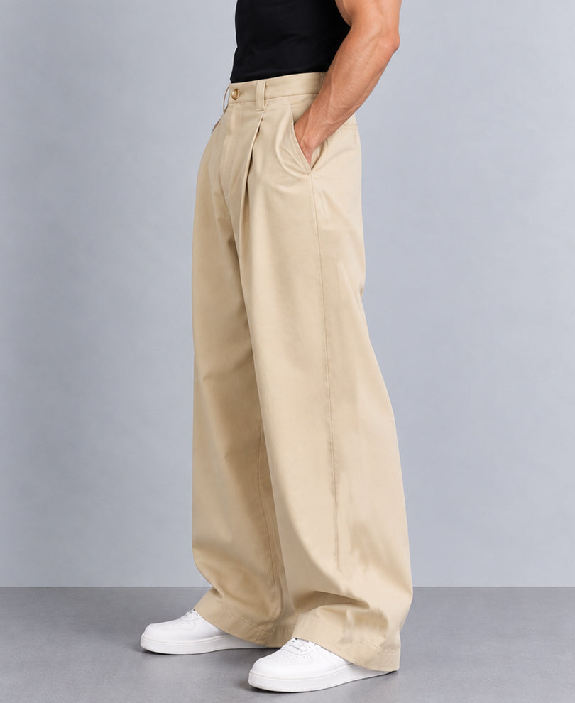 Beige Pleated Barrel Fit Trousers